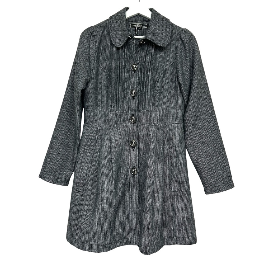 Love Stitch Pea Coat Wool Blend Herringbone S Gray Pleated Puffed Sleeves Office